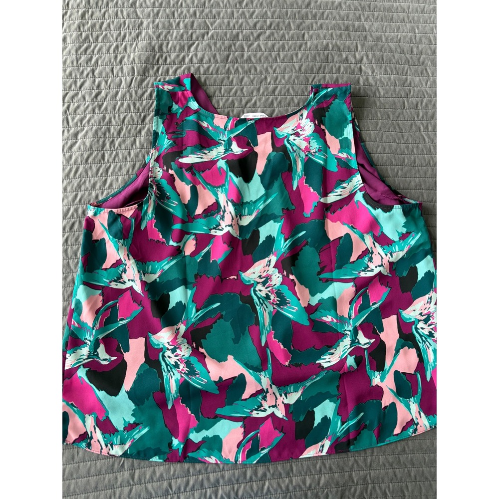 Nine West Womens 2X Abstract Floral Sleeveless V-Neck Blouse Magenta Teal Pink - Picture 8 of 9